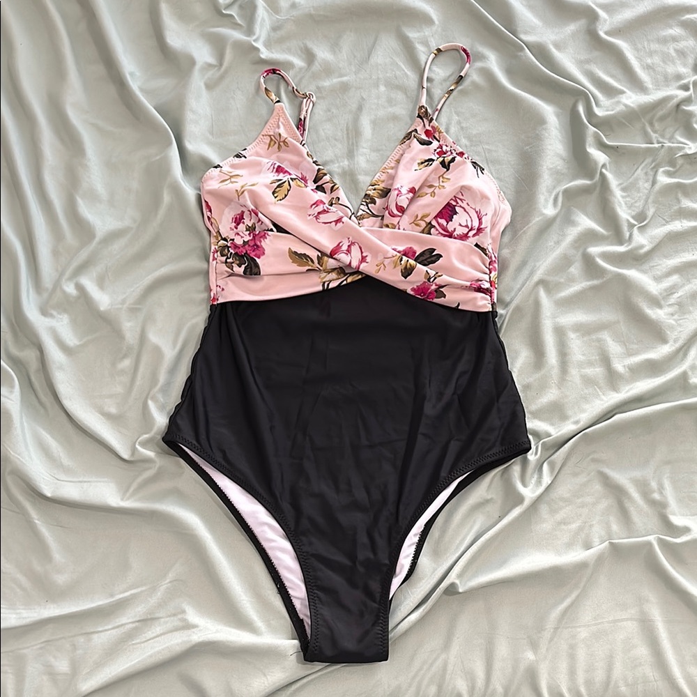 Floral Pink and Black Kids One Piece Swimsuit